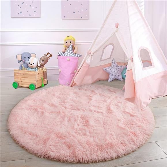 Pink Round Rug 5x5Feet Fluffy Soft Area Rugs for Kids Girls Room Princess Castle - Picture 6 of 6